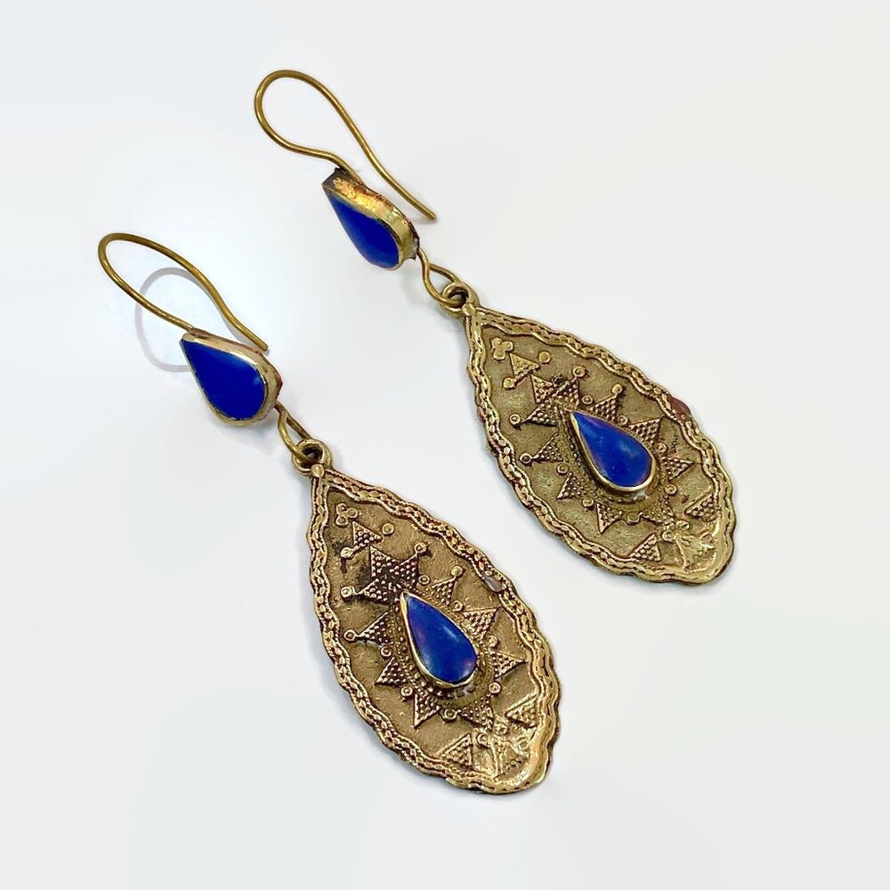 Lapis Earrings, Blue Stone, Vintage, Brass, Middle Eastern, Kuchi, Afghan